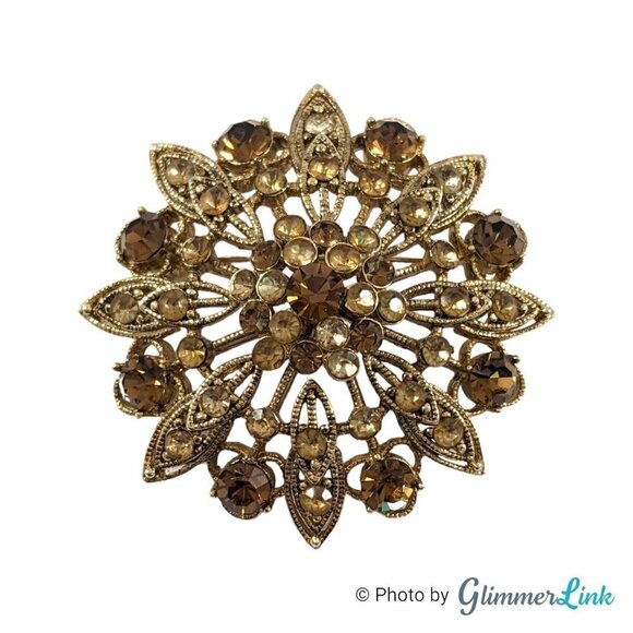 Vintage LC Liz Claiborne Orange & Brown Floral Burst Gold Tone Brooch Pin - Picture 1 of 9